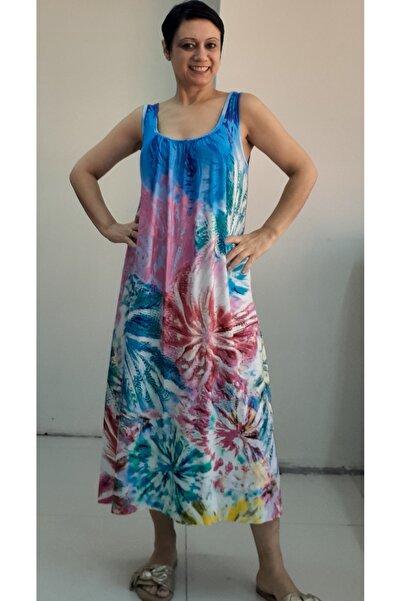 Mertcan Butik Μπλε ροζ κίτρινο σχέδιο μπροστινό πίσω μαζευμένο φόρεμα βισκόζης από χτενισμένο βαμβάκι