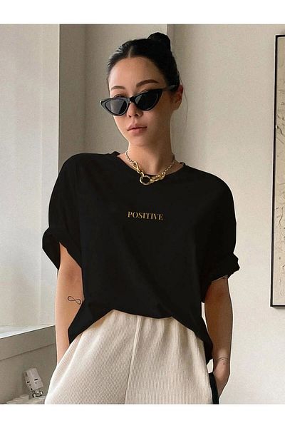 SUPER POZE Tricou oversize din țesătură de bumbac cu imprimeu pozitiv pentru femei