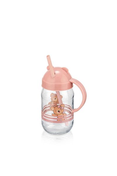QLUX IDEAS Tedy Bear Glass Straw Cup with Handle Water Bottle 370ml