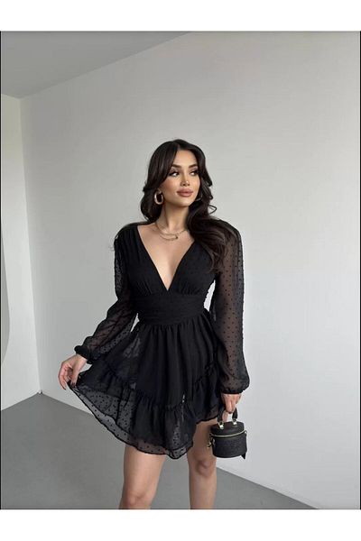 OlaLady Γυναικείο Μίνι φόρεμα από ύφασμα σιφόν πουά με βολάν με σορτς