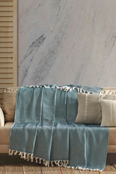 LADYNİL Κάλυμμα καναπέ Natural Petrol Blue |   Σάλι Καναπέ 180x210 Βαμβακερό