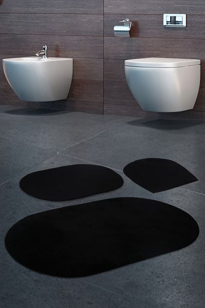 Dokumacıoğlu Rixos 3-Piece Black Bath Mat Set - Non-Slip Leather Based, Washable Toilet Bowl