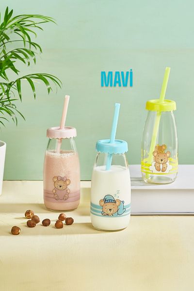 QLUX IDEAS C-00521 Sleepy Bear 250ml Milk Cup Glass Drink with Straw