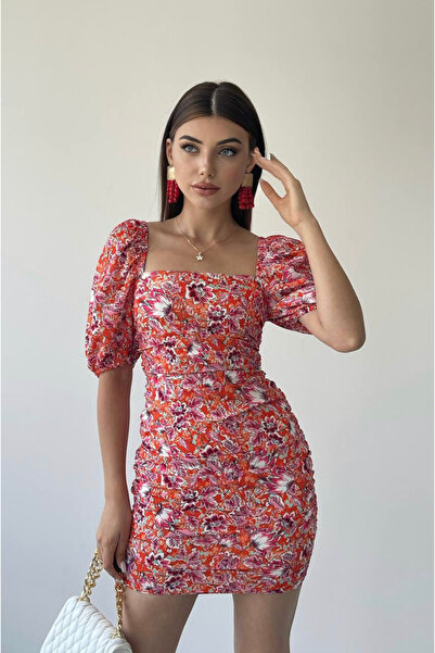 Afiş Butik Rochie mini cu mâneci cu bule cu detaliu în spate multicolor