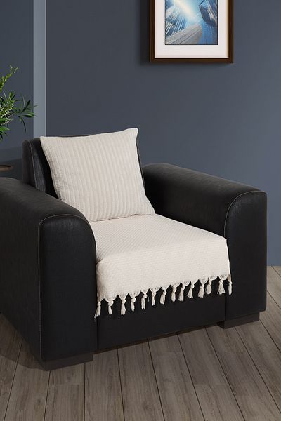 LADYNİL Ecru Colored 100% Cotton Fringed Sofa Cover - 70X95 cm Armchair Cover