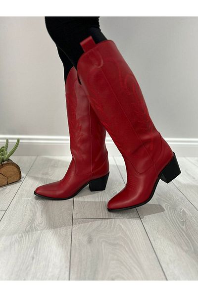POTEEN Ptc Albino Women's Western Cowboy Embroidered Heeled Boots-Red