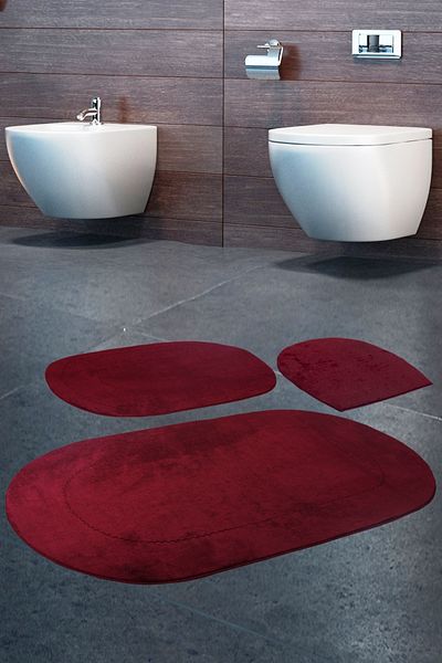 Dokumacıoğlu Rixos 3-Piece Plum Bath Mat Set, Carpet, Non-Slip Leather Based Washable Toilet Seat Set
