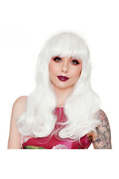 Minerva White Color Wavy Long Party Wig with Bangs (4172)