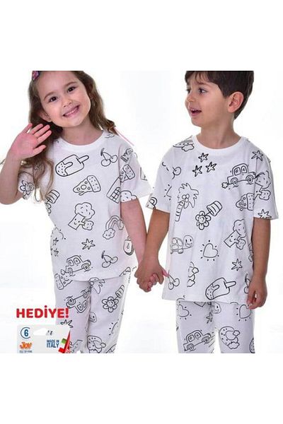 aryam butik Paintable Children's Pajama Set with Long Sleeves and Painting Pen Gift with Most Cute Figures