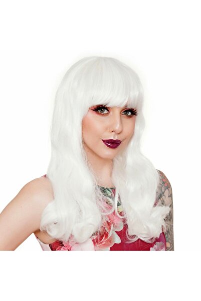 Minerva White Color Wavy Long Party Wig with Bangs (4172)