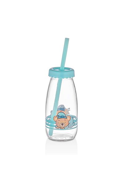 QLUX IDEAS C-00521 Sleepy Bear 250ml Milk Cup Glass Drink with Straw