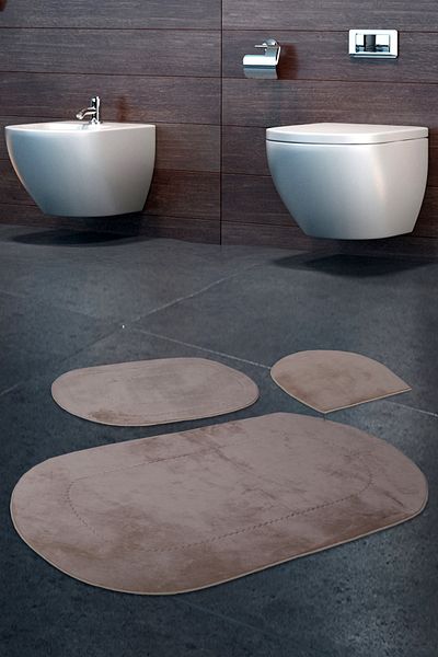 Dokumacıoğlu Rixos 3-Piece Mink Bath Mat Set, Carpet, Non-Slip Leather Based Washable Toilet Seat