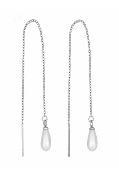 esem gold Zincirli Gümüş İnci Küpe