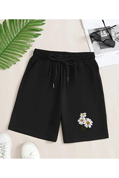 caddekombin Pantaloni scurți negri cu imprimeu Daisy pentru femei, cu buzunar...