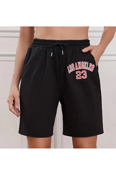 caddekombin شورت رجالي لوس أنجلوس 23 مطبوع بجيب برمودا مع حبل مريح باللون الأسود