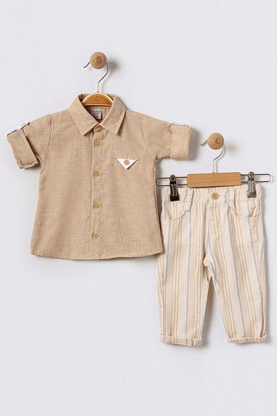 Bebüş Buttoned Beige Shirt and Striped Cream Pants Bottom Top Suit Baby Boy Suit 15866