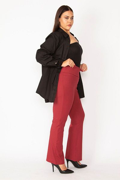 Şans Women's Large Size Claret Red Self-Striped Stretch Wide Leg Trousers 65n28669
