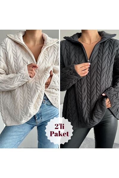 Souls Fruit Anthracite and Cream Color Oversize Knitwear Sweater - Zip-Up Collar, Hair Braid, 2-Pack