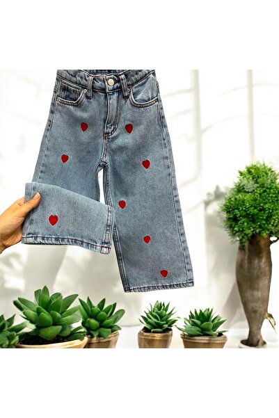 Butik Kız Çocuk Kalp Nakışlı Jean Pantolon | Bol Paça Kız Çocuk Kıyafet | Kal...