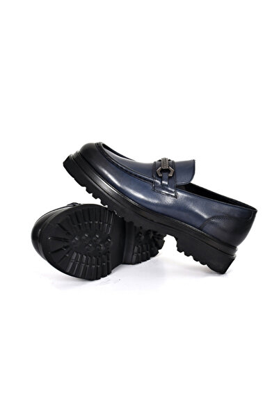 Tuna حذاء لوفر من الجلد الطبيعي بنعل سميك باللون الأزرق الداكن للرجال - 3042