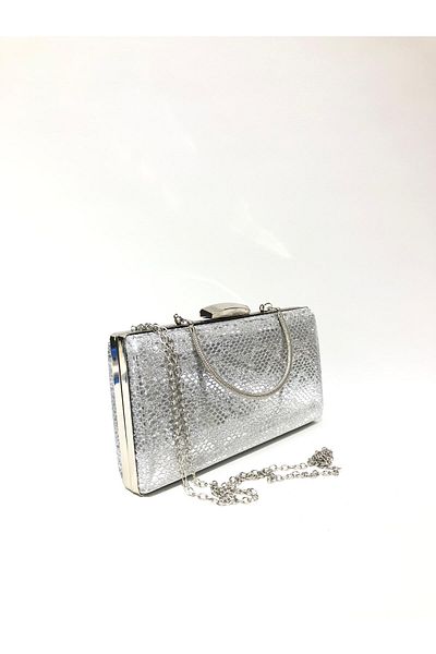 womenacs Culoare argintie cu model șarpe Material rochie de seară clutch portofoliu geantă de mână pentru femei și curea lungă