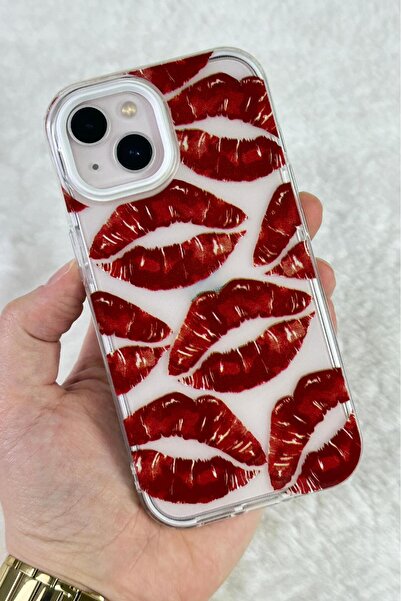 Vip Case iPhone 13/14/15  Uyumlu - Kırmızı Dudak Desenli Şeffaf Kamera Çıkınt...