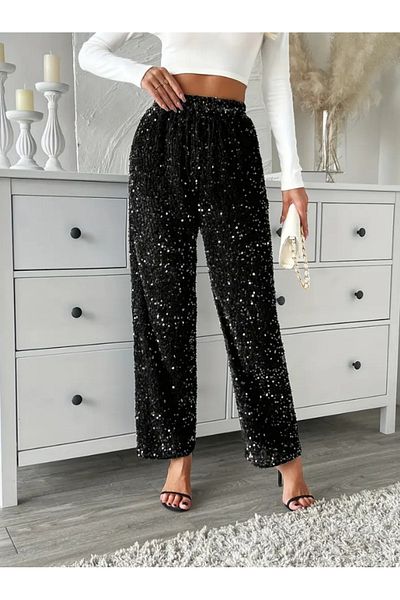 AYSİ COLLECTİON Velvet Sequin Sequin Pants Black