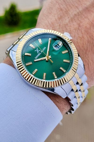 Daniel Klein Green Gold Silver Color Men's Wristwatch with Adjustable Cord and Calendar