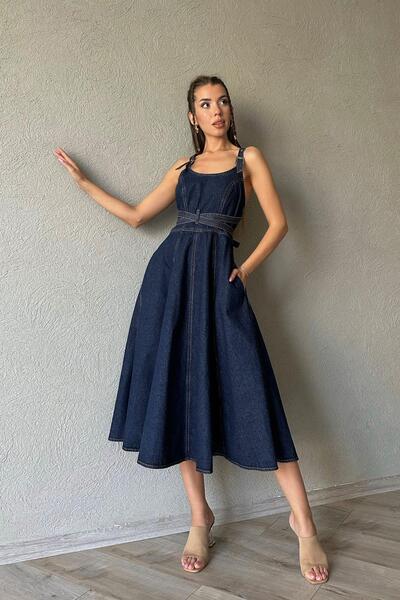 Lady Pixie Bağlama Detay Denim Uzun Elbise