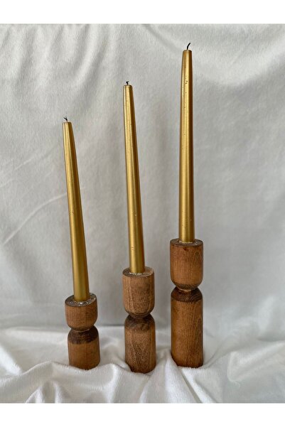 LİFENES Tımber Kayın Ahşap 3 Lü Şamdan Mumluk Seti