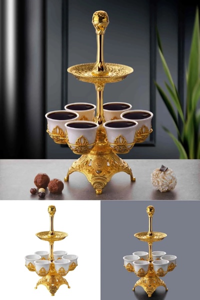 BİTERSE Otantik Lüks 6 Kişilik 2 Katlı Mırra Kahvesi Sunum Standı Gold