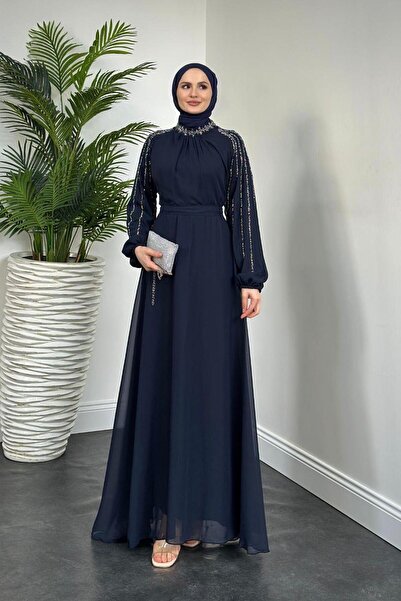 MERVEN AKYÜZ Jayla Kolları Taşlı Abiye Lacivert