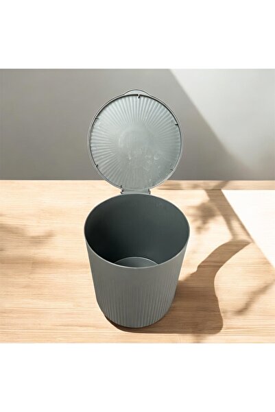 Daisy Gri Çizgili Yuvarlak Çöp Kovası 8 Litre Banyo Mutfak Çöp Kutusu