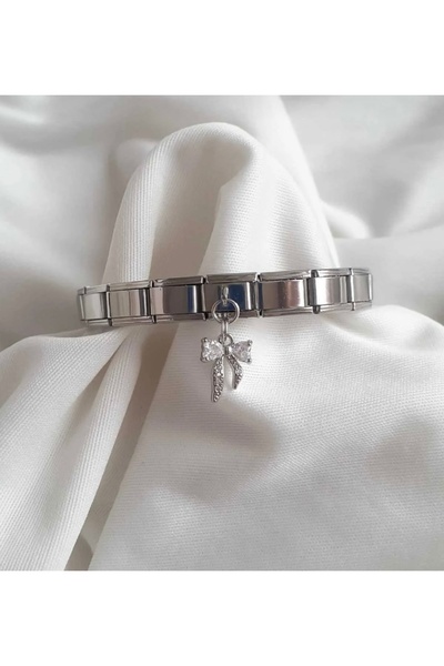 kubotique Çelik Taşlı Kurdele Fiyonk Italyan Charm Bileklik 19 Cm