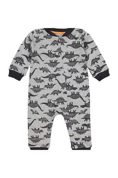 Divonette Baby Boy Cotton Dinosaur Patterned Gray Jumpsuit - Long Sleeve and Comfortable