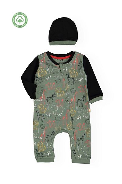 Divonette Baby Boy 100% Cotton Green Jumpsuit and Hat Set - Stylish & Comfortable