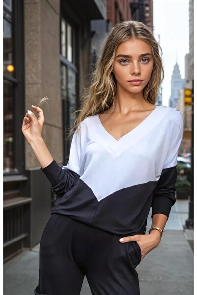 Pasaklı Giyim Bluză din bumbac pieptănat cu 3 fire pentru femei, cu decolteu în V, cu textura moale 3167170