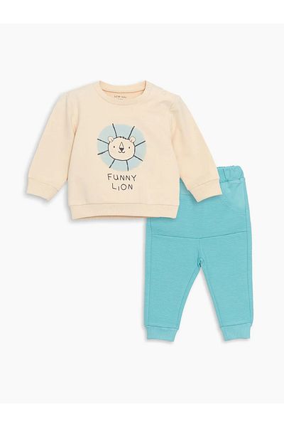 LC Waikiki Lcw Baby Beige Baby Boy Sweatshirt and Sweatpants - Crew Neck, Printed Set of 2