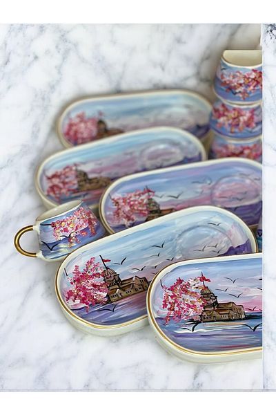Store كوب قهوة تركي بتصميم خاص مرسومة يدويًا بتصميم برج العذراء في اسطنبول (1 قطعة)