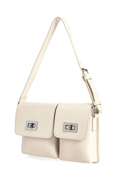 Women's Modern Hand and Shoulder Bag with Cream Faux Leather Lock Detail