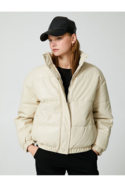 Koton Palton din piele artificială, guler vertical cu buzunar cu fermoar