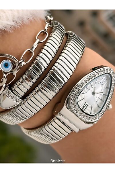 Bonicce سوار على شكل قلب مع قرص أبيض وساعة ثعبان - حزام فضي مرصع بالأحجار