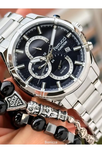 Ferrucci Functions Active, Silver Color Steel Band, Navy Blue Dial Men's Wrist Watch+ Rosary Bracelet