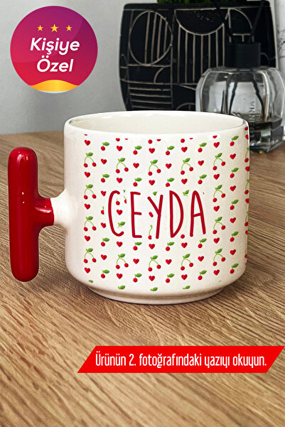 Hedizu Kişiye Özel İsim Yazılı Kupa Bardak T Kulplu Kırmızı Kiraz Desenli Mey...