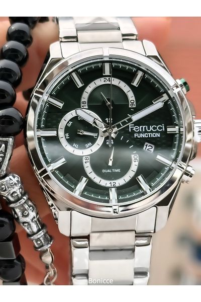 Ferrucci Functions Active, Silver Color Steel Band, Green Dial Men's Wrist Watch+ Rosary Bracelet