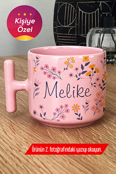 Hedizu Kişiye Özel İsim Yazılı Pastel T Kulplu Kupa Bardak Pembe Çiçek Desenl...
