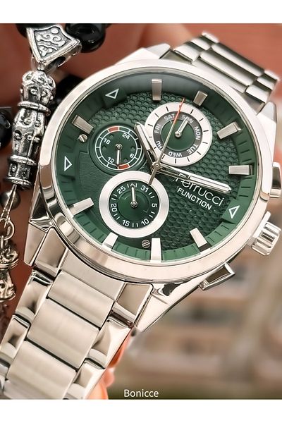Ferrucci Functions Active, Silver Color Steel Band, Green Dial Men's Wrist Watch+ Rosary Bracelet