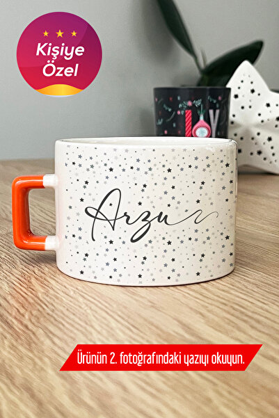 Hedizu Kişiye Özel Yıldız Desenli İsimli Lüks Fincan Turuncu Doğum Günü Hediy...