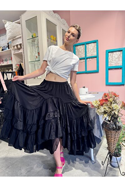 Genel Markalar Fırfır Detaylı Ispanyol Tarzı Asimetrik Kesim Yüzde 100 Pamuklu Siyah kadın etek