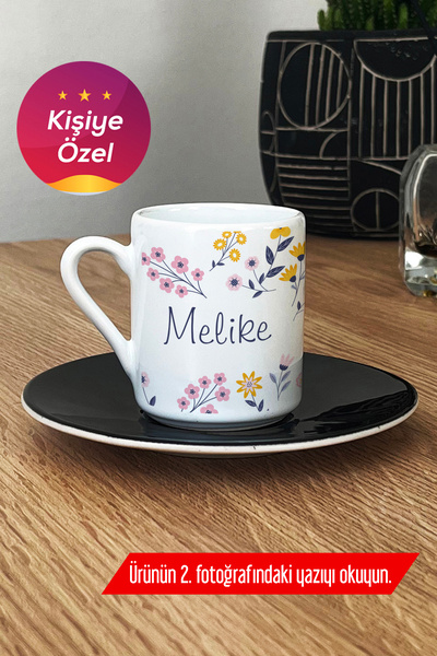 Hedizu Kişiye Özel İsim Yazılı Türk Kahvesi Fincanı Siyah Çiçek Desenli -9- Y...